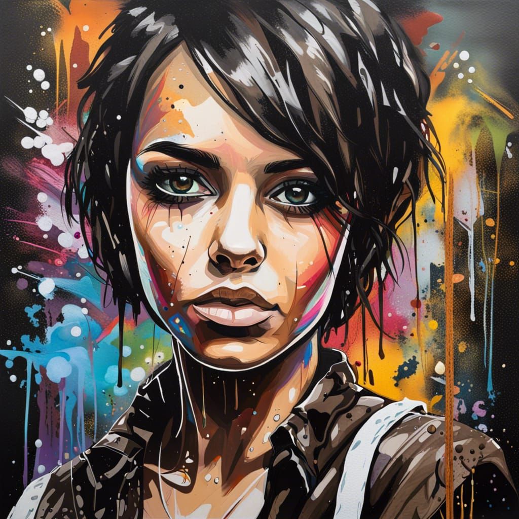 Graffiti Art Girl with Dark Eyes and Vest