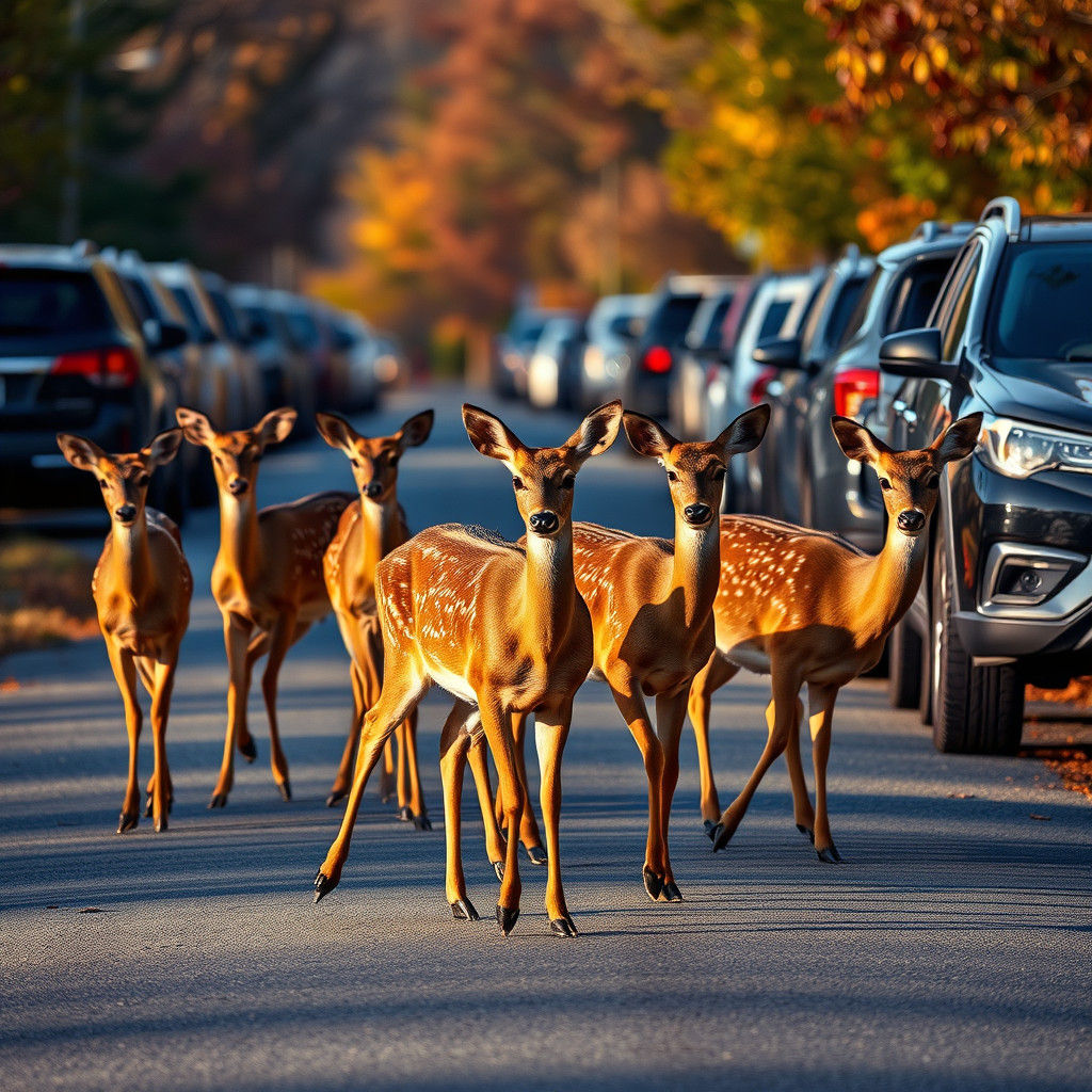 a herd of deer crossing a road between parked cars.
#Realist...