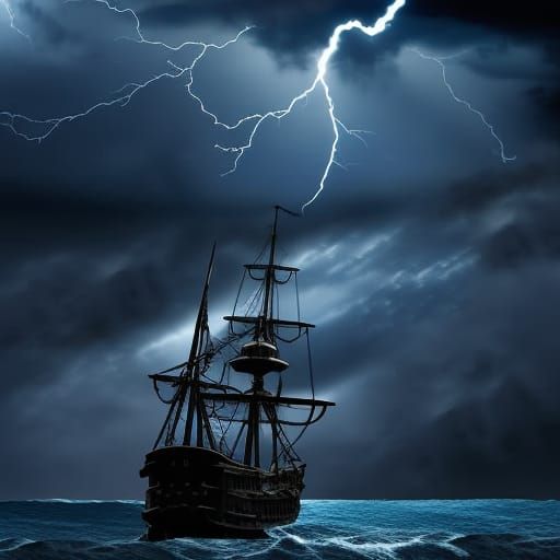 Pirate ship in the stormy sea