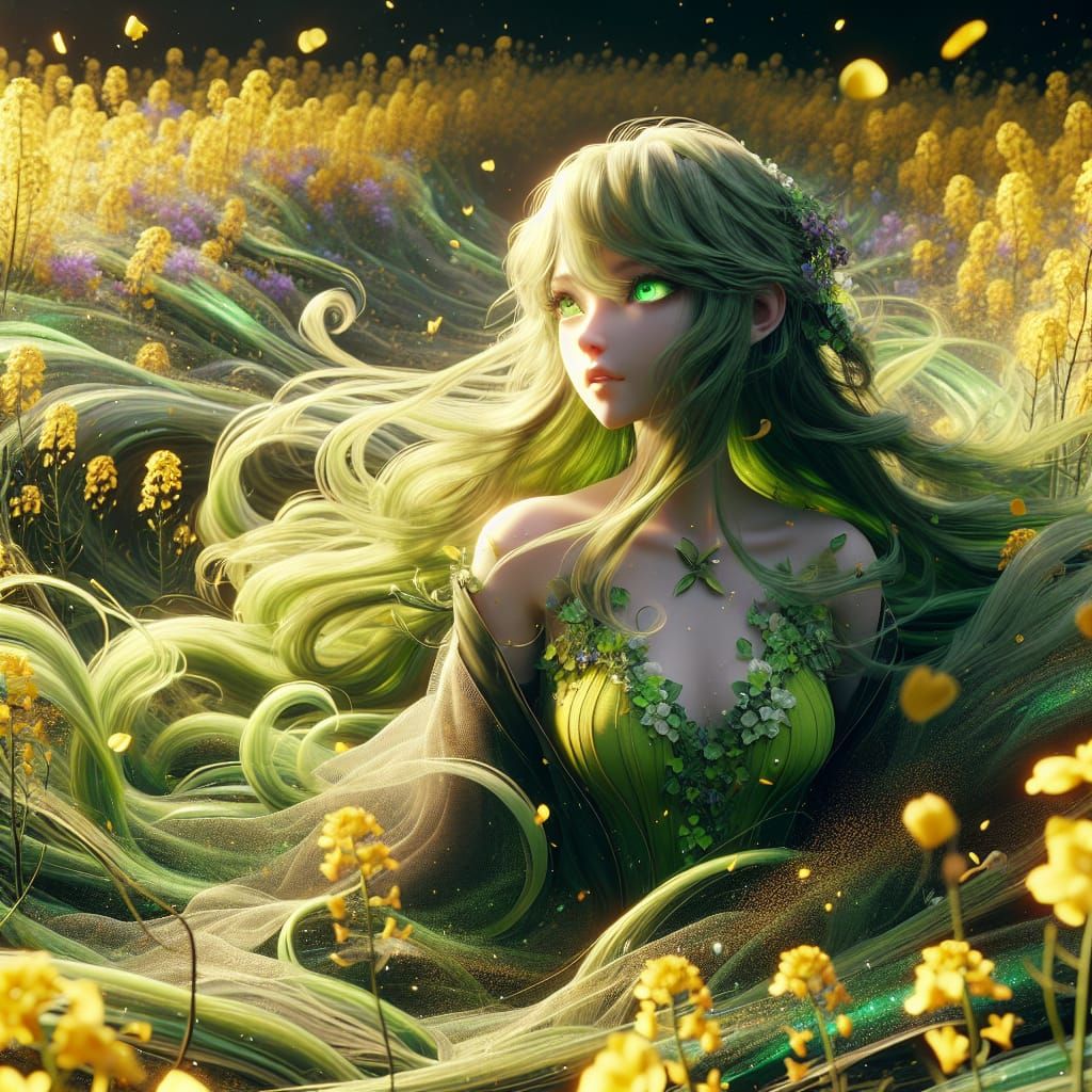 Anime girl with long lime green hair and bright green eyes i...