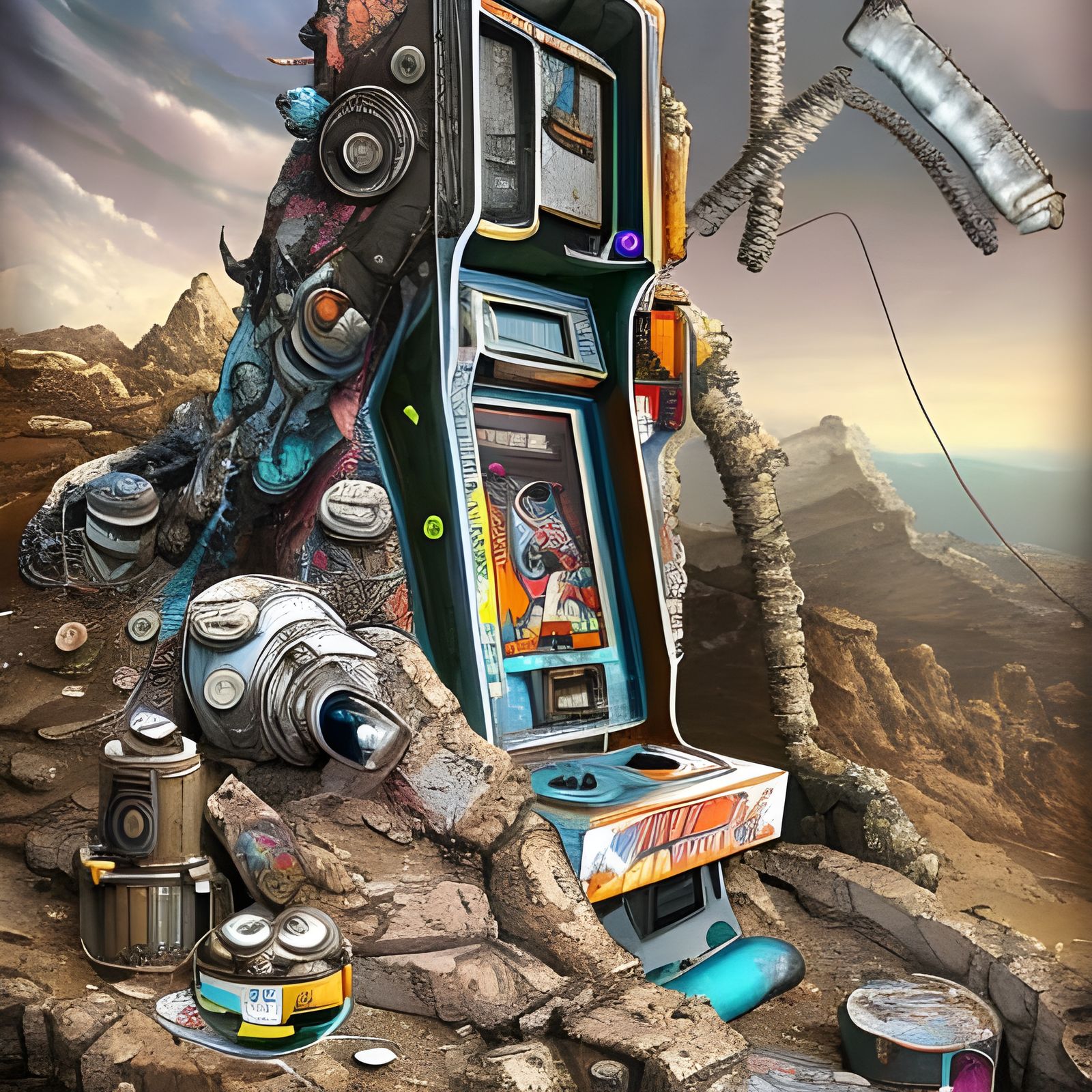 Makeshift game machine in a post-apocalyptic wasteland  by @Dr-Afro Funkenstein