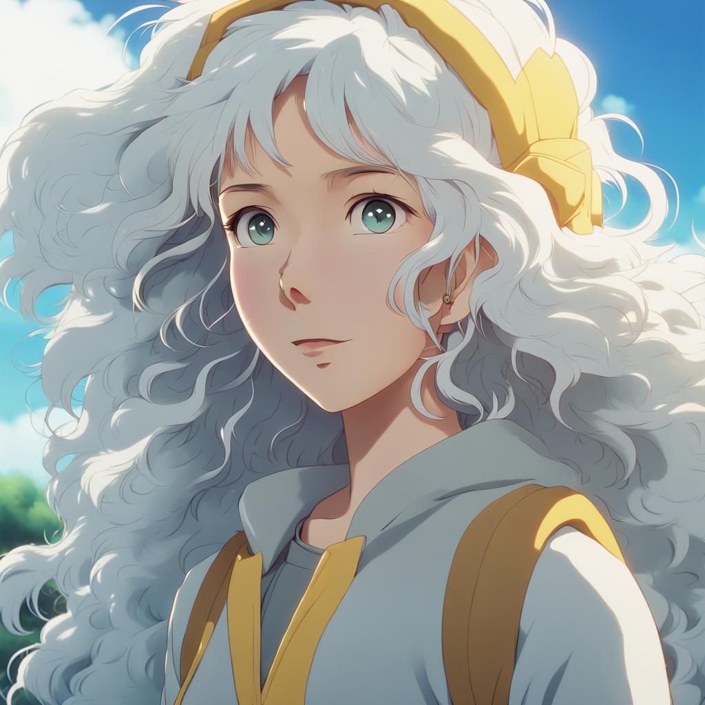 Female with long soft fluffy curly white hair, icy blue grey...