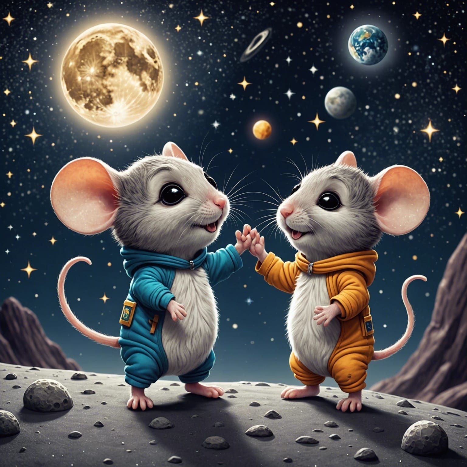 mouse astronauts doing a high five on the moon  by @ELY M