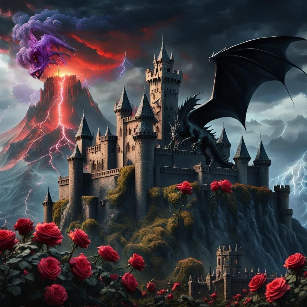 Dark fantasy concept art. medium shot. A dark, luxurious, gothic castle contrasts with a vibrant rose garden in front. against erupting vol...