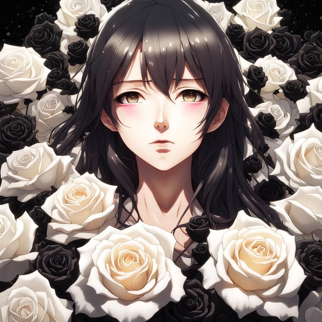 A white rose surrounded by black roses, Hyperrealistic, spla...