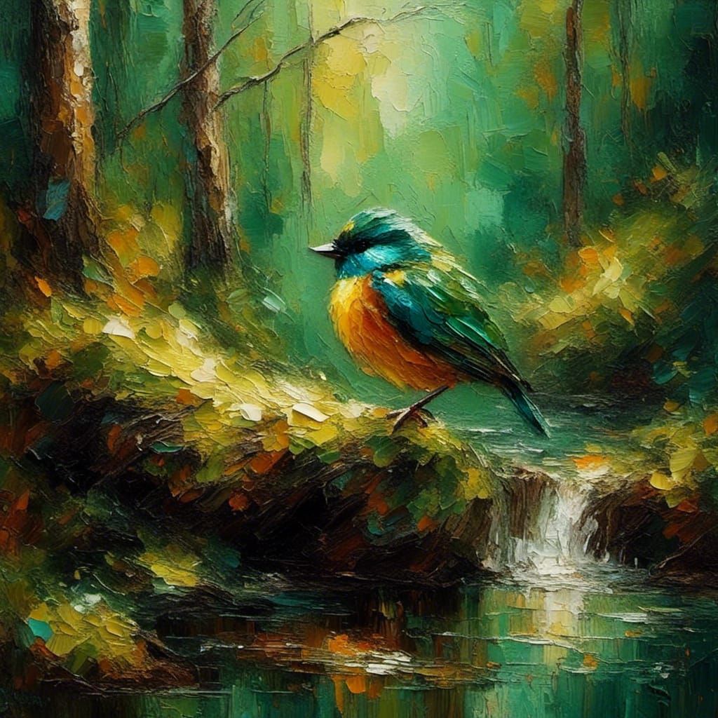 Bird Perched on Stone in Forest: Impasto Oil Painting
