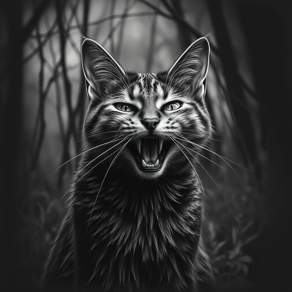a black and white photo of a cat in the woods, by Adam Szent...