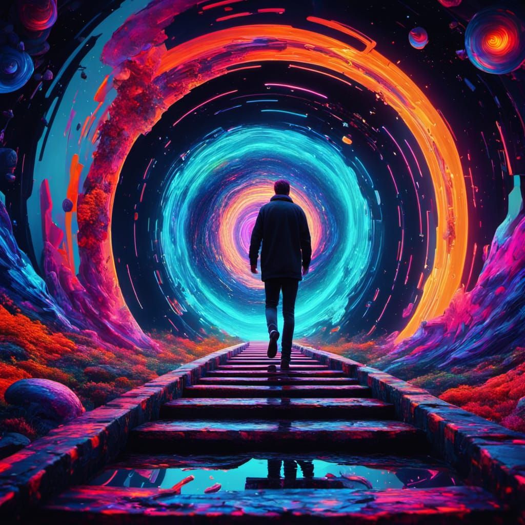 surreal alternate reality portal, person stepping between two timelines, glitching dimensions, cosmic colors, 8K sci-fi fantasy --v 6 --ar 1...