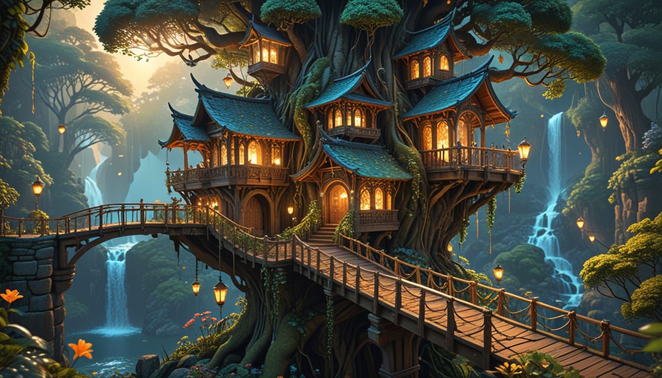 A vibrant fantasy village of multilevel treehouses nestled in a towering, ancient forest canopy under a golden sunset. Intricate treehouses ...