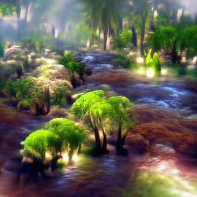 Lush forest river beautiful volumetric lighting impressionis...