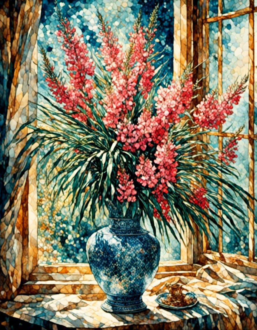 Oleanders and Vase Near and Open Window