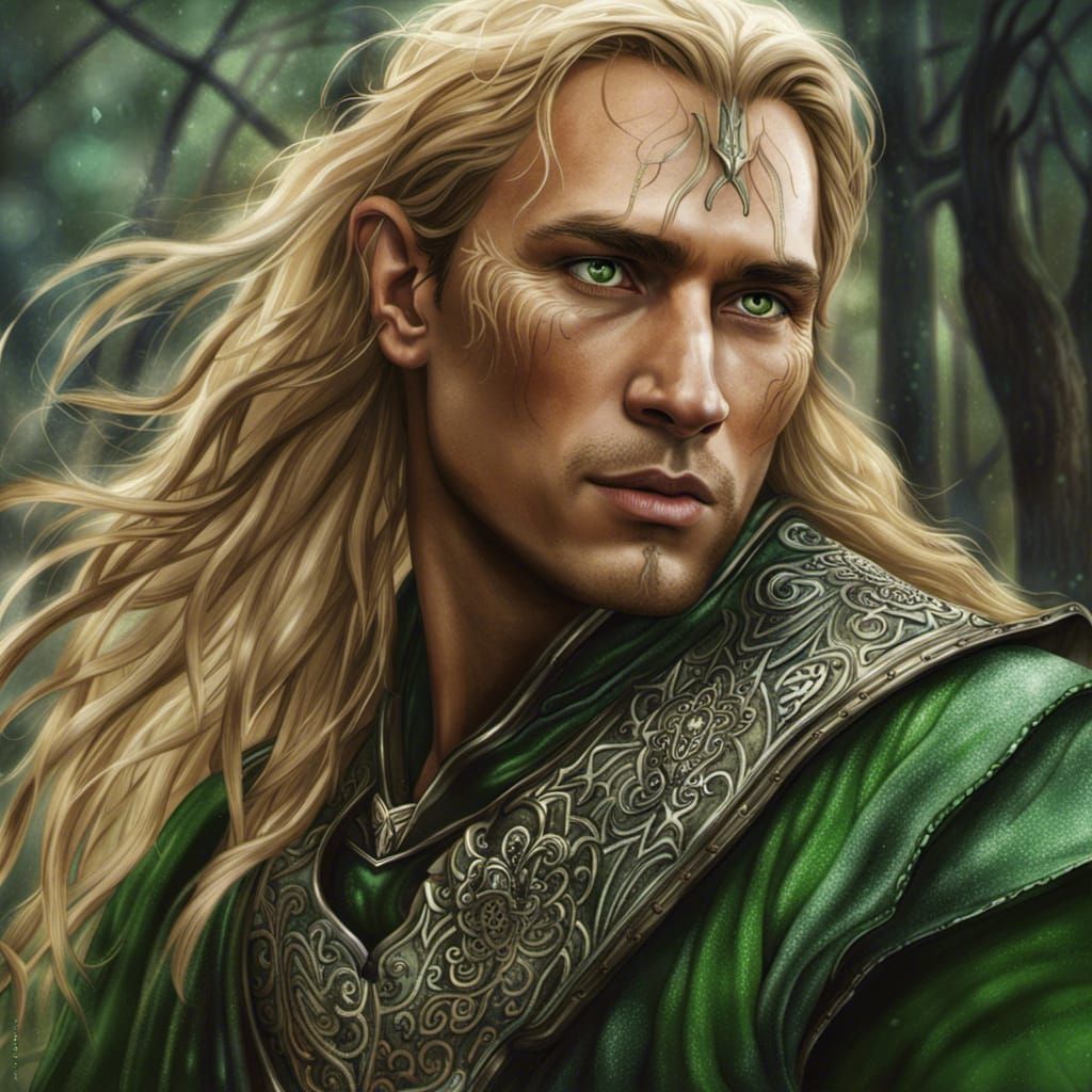 Beautiful young elven man with bright green eyes and a face looking ...