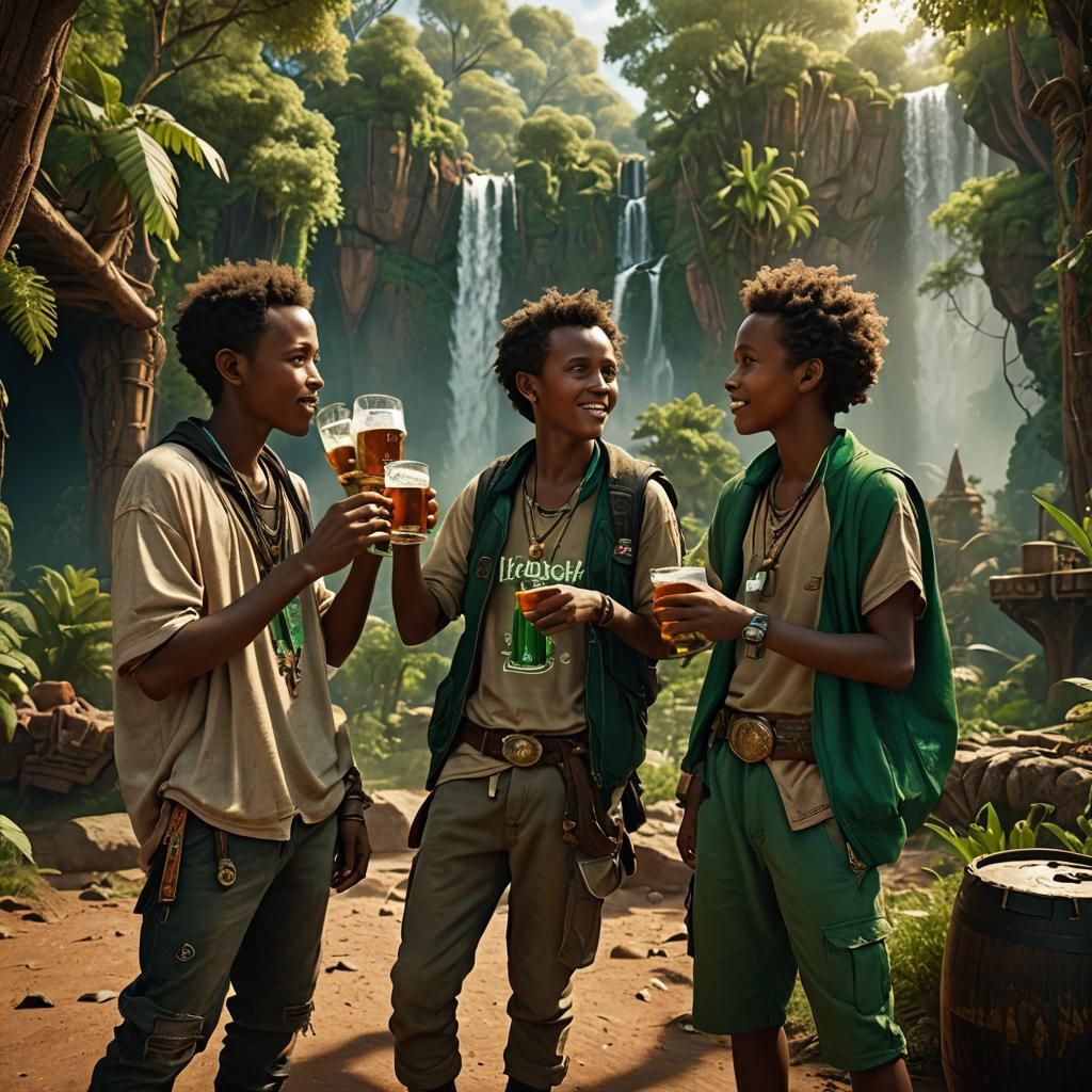 Three young Ethiopian boys drinking Heineken beer and enjoying their time at eldorado, and imaginary beautiful place
