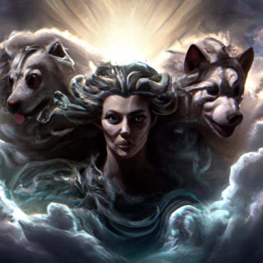 Cerberus fighting zeus in the clouds detailed matte painting...