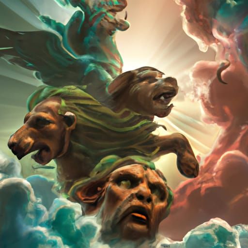 Cerberus fighting zeus in the clouds detailed matte painting...