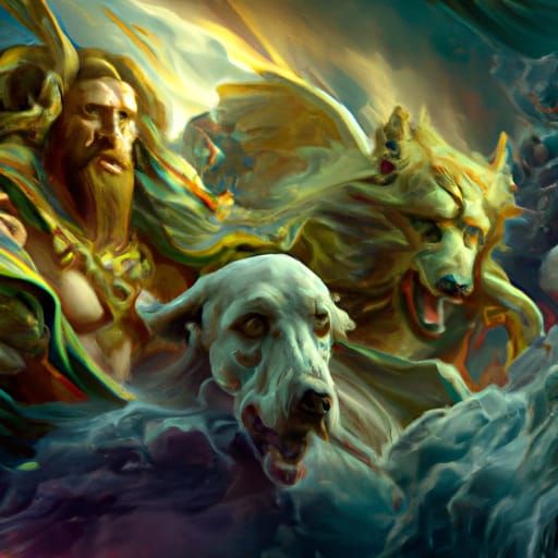 Cerberus fighting zeus in the clouds detailed matte painting...