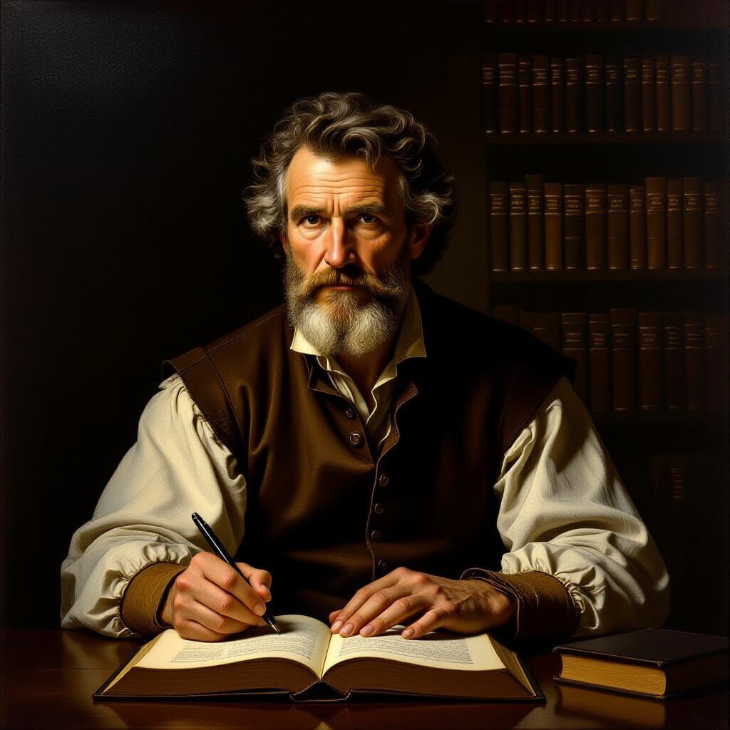 Thoughtful Man in Dim Library, Classical Oil Painting