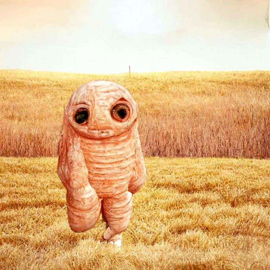 sad skin monster standing in a field