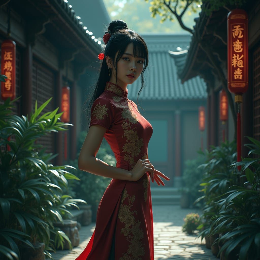 Elegant Woman Uncovers Truth in Chinese Courtyard
