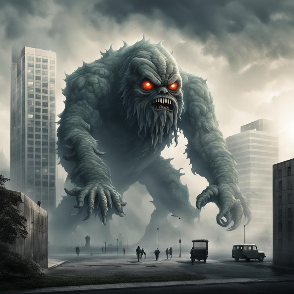 A smog monster menacing a big building
