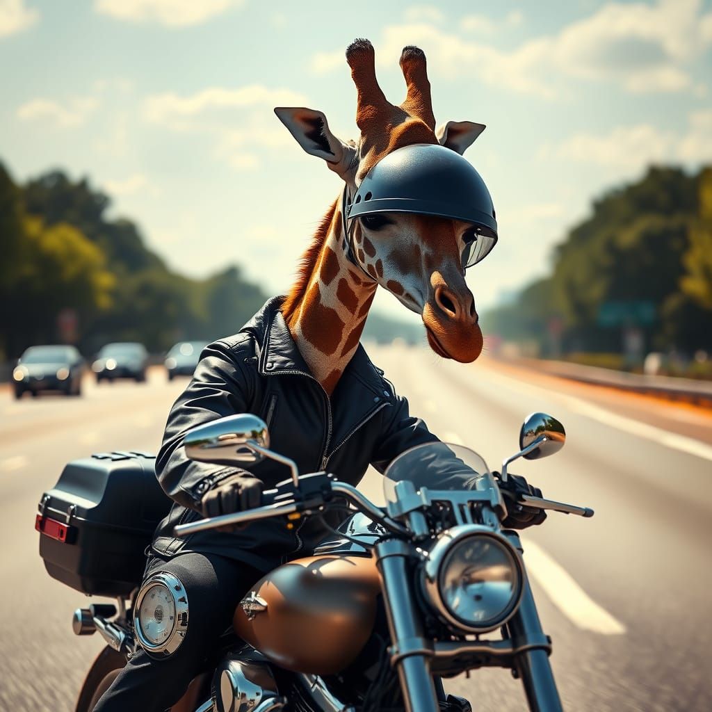 Giraffe riding a Harley on a busy motorway.  by @undefined