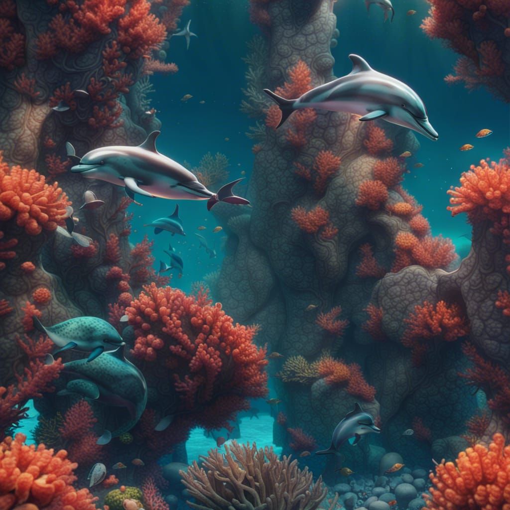 dolphins swimming among the corals