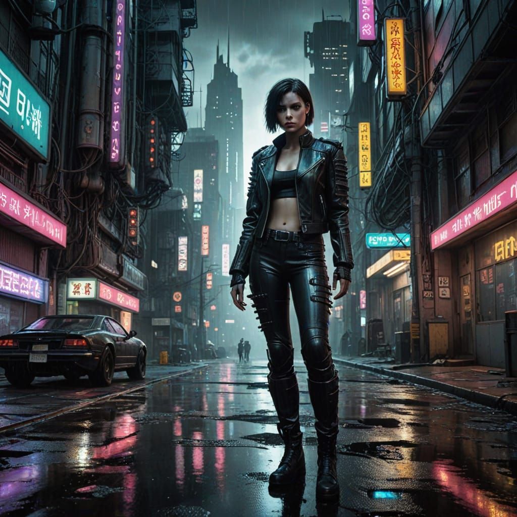 Cyberpunk Woman Stands atop Futuristic City