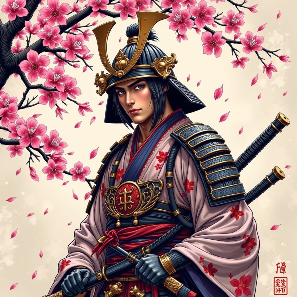 Samurai warrior in traditional armor, wearing a intricately designed kimono, standing amidst delicate cherry blossoms, petals gently falling...