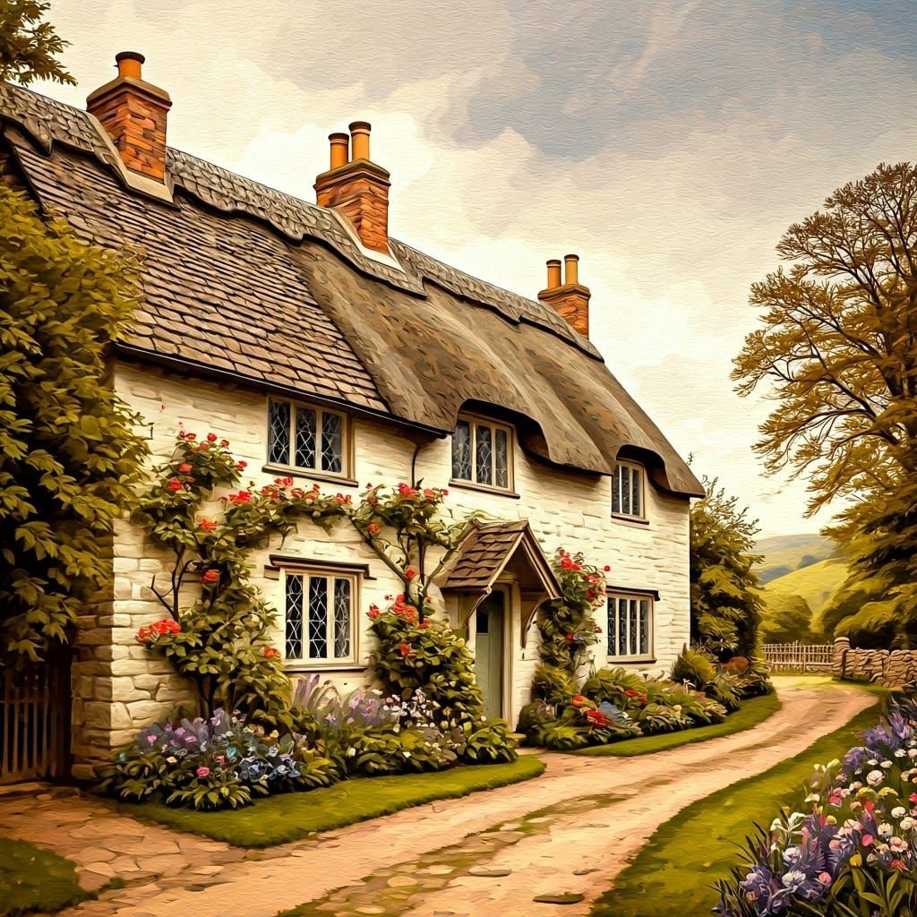 British Cottage in Folk-Art Style with Thatched Roof