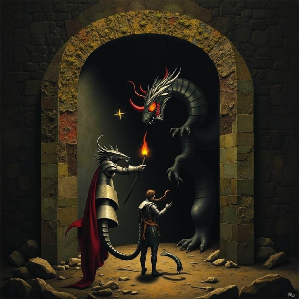 <lora:DRAGON BATTLE:1.0> in the style of Caravaggio oil painting