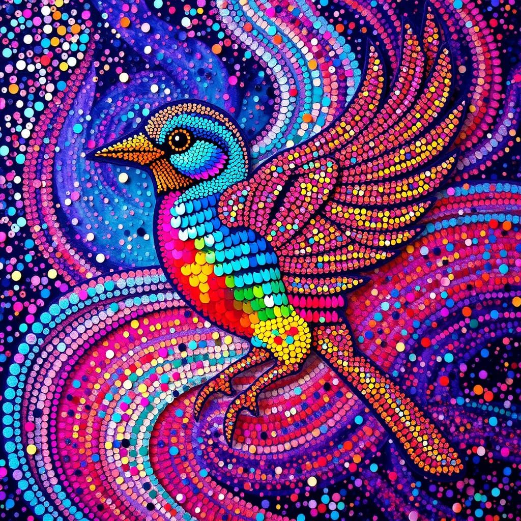 Iridescent Bird in a Dreamlike Sequin Landscape
