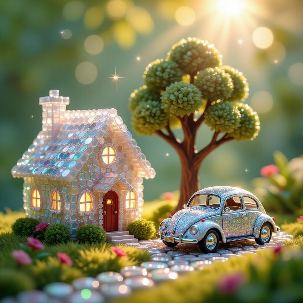 Whimsical Glass Stone House with Sparkling Tree and Car