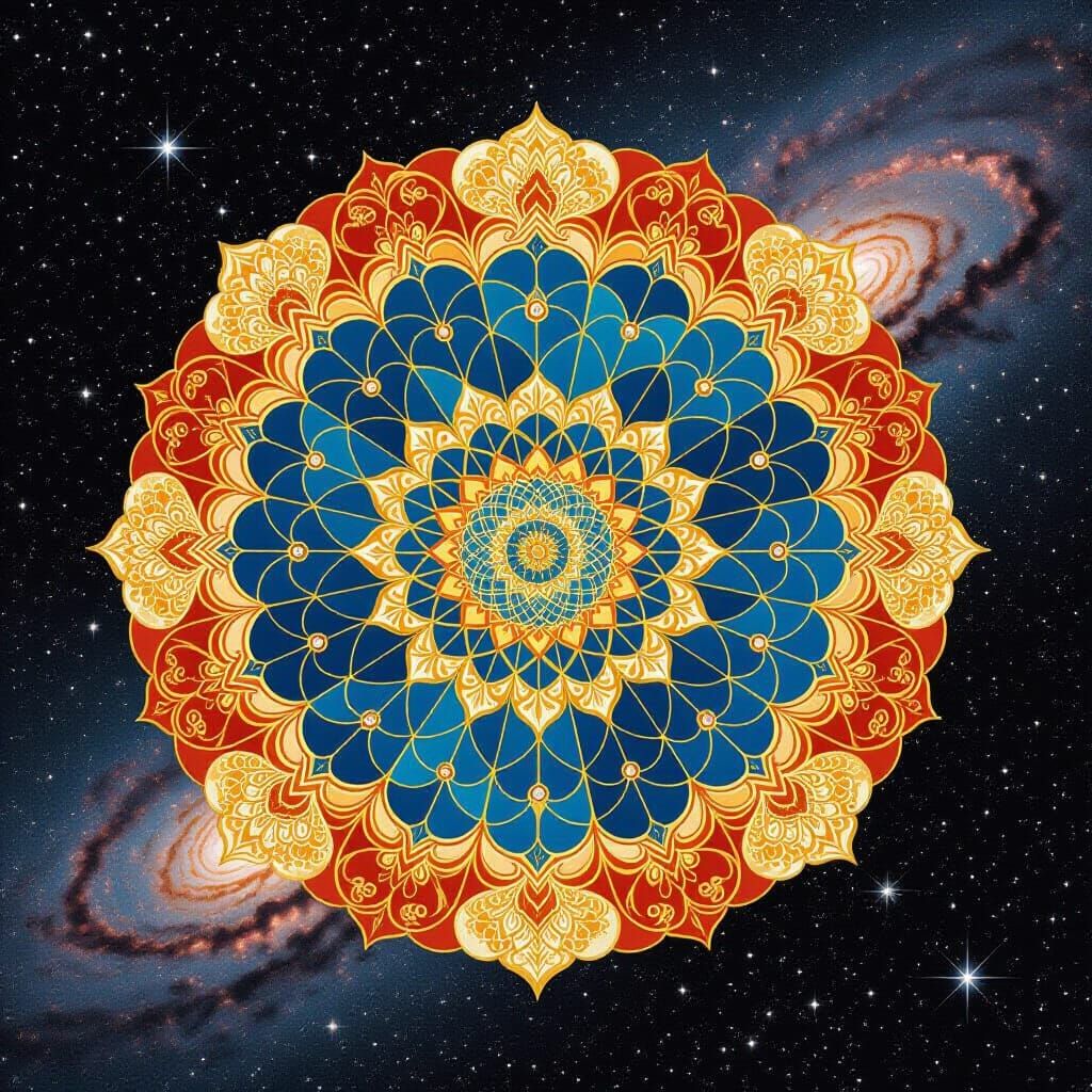 Vibrant Peacock Feather Mandala Floating in Cosmic Space
