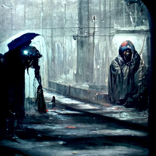 hooded person waiting in alley, rain, puddles, neon lights, ...