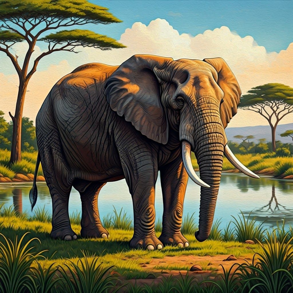 Majestic Elephant at Lake in African Savannah