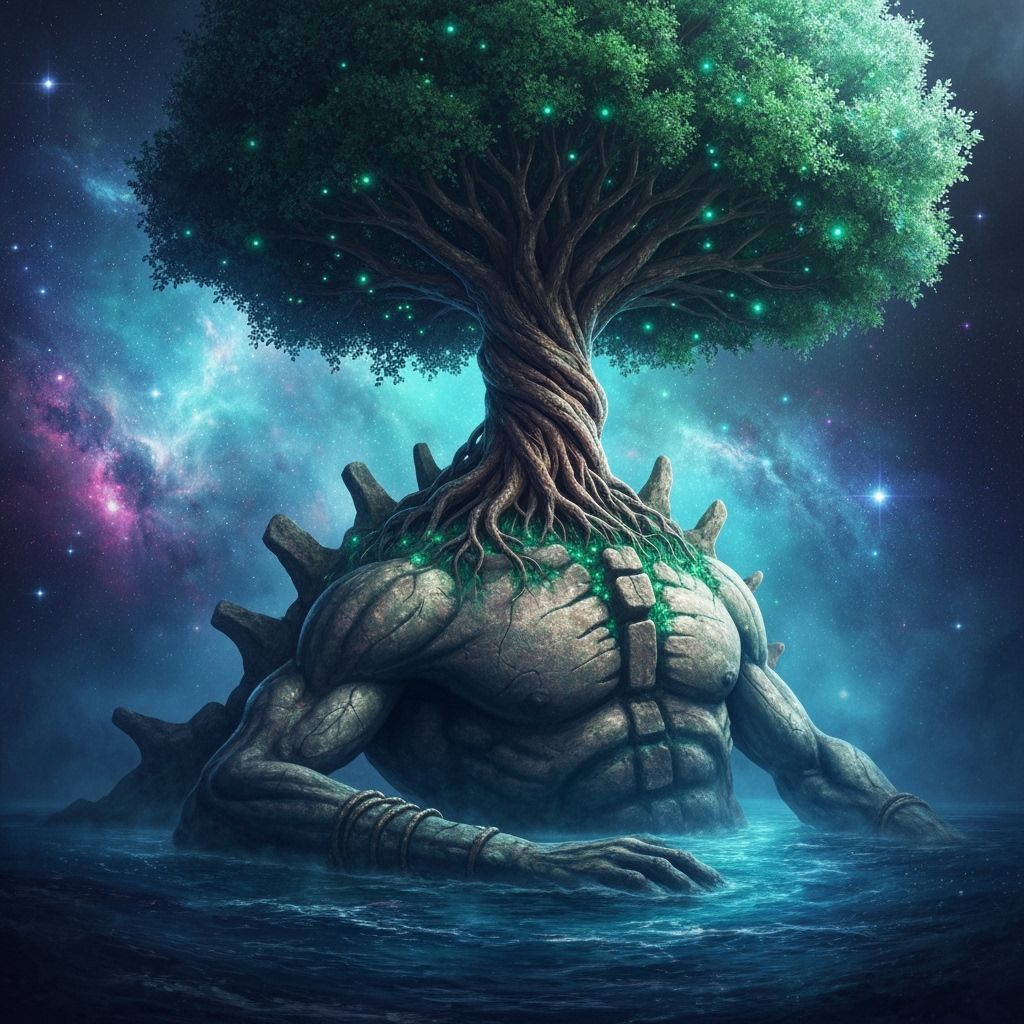 . 

 Giant tree growing from the spine of a god, ultra-detailed




