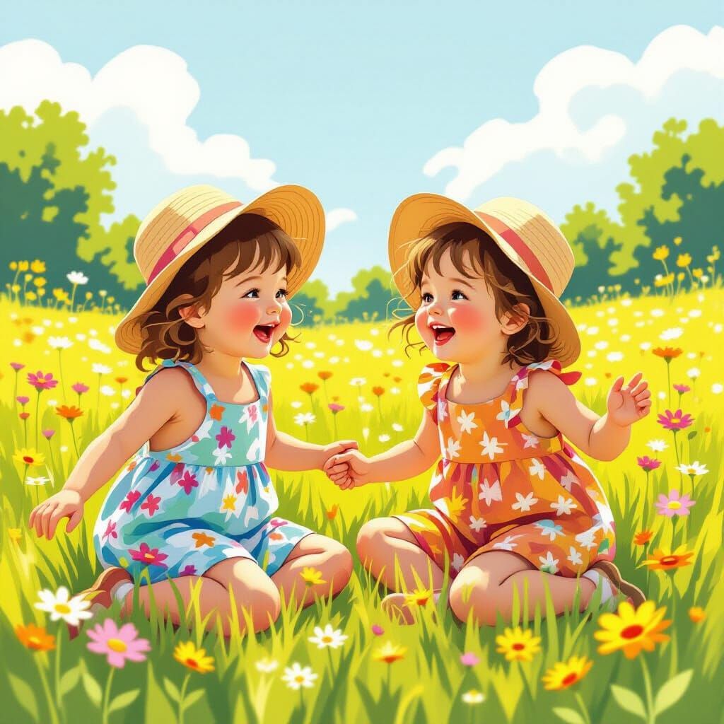Twin Children's Summer Meadow Playtime, Whimsical Style