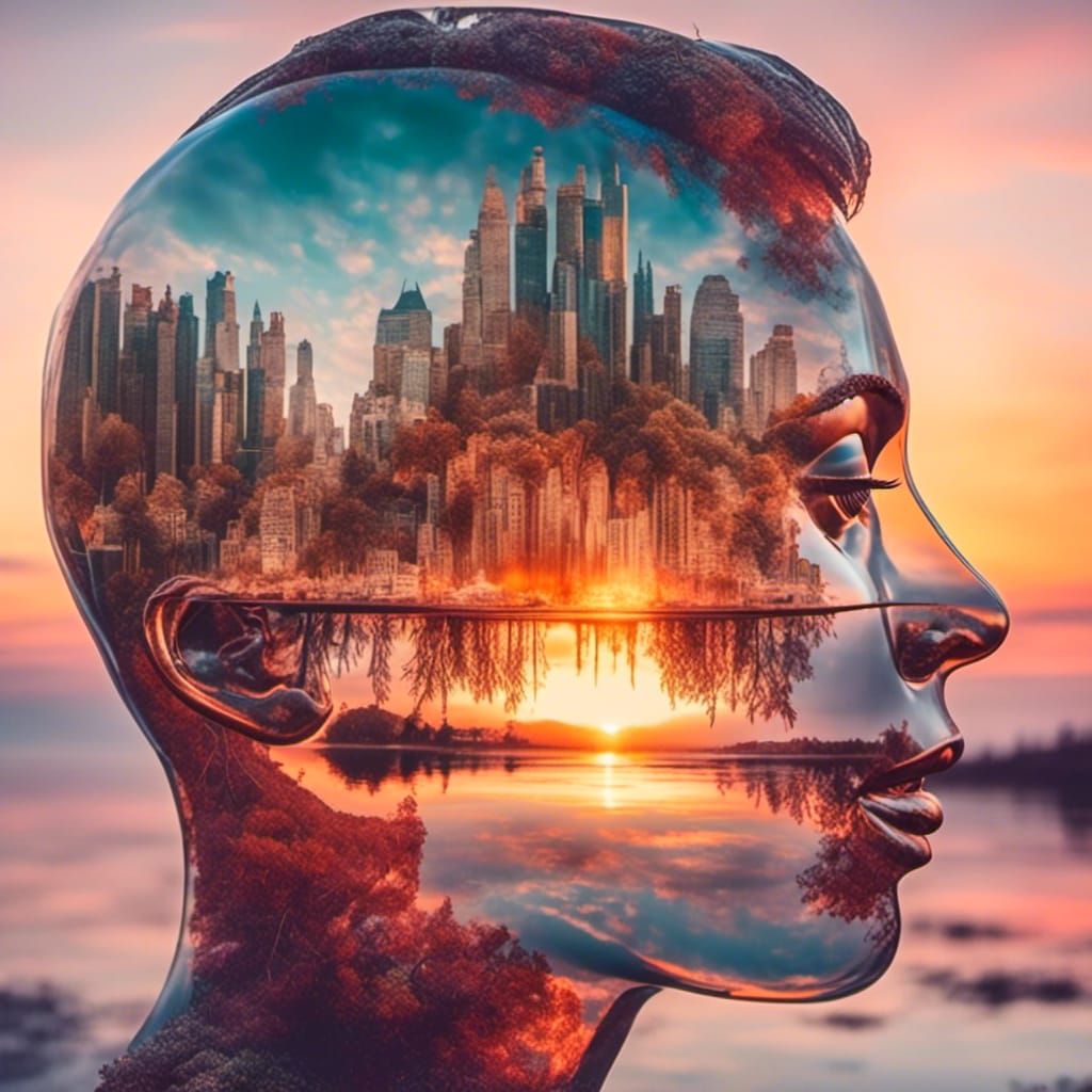 <lora:GlassCore:1.0> Paradise inside glass face double exposure art, sunset abstract double exposure 