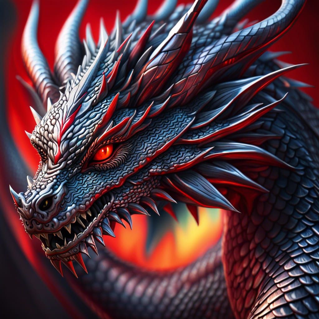 Dragon, silver scales, red eyes, long body, Hyper realistic, ground shot, intricately detailed, color ...  by @FTW01