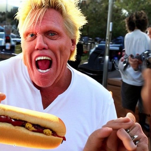 Gary Busey eating a hotdog