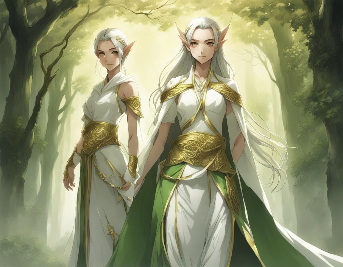 Elven Women in Matching Gowns, Anime Style