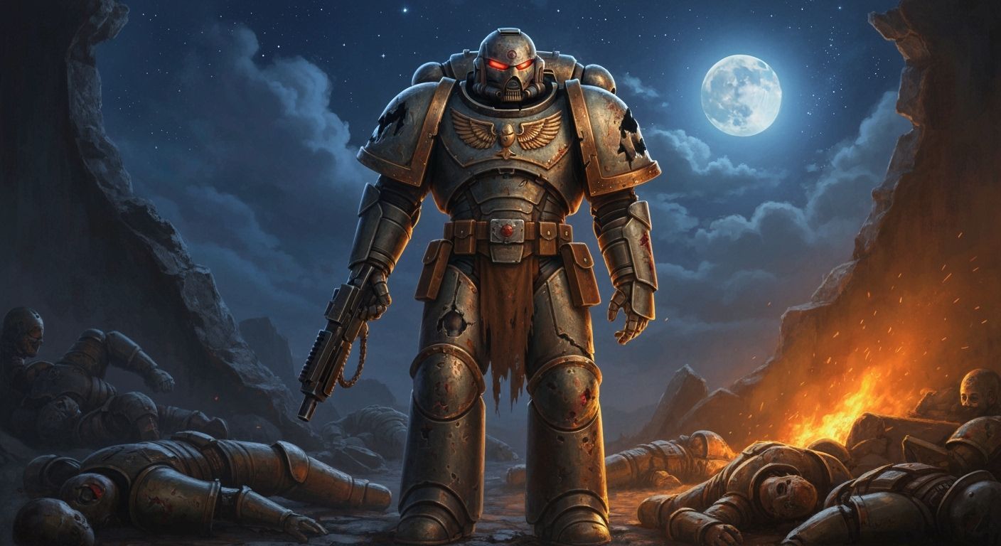 A battle scarred Space marine standing in ruins, around him are bodies of fallen enemies..
