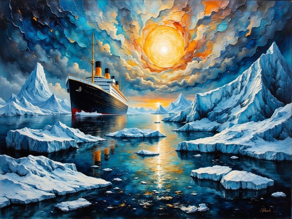 Titanic Ship Amidst Icebergs in Impasto Oil Painting