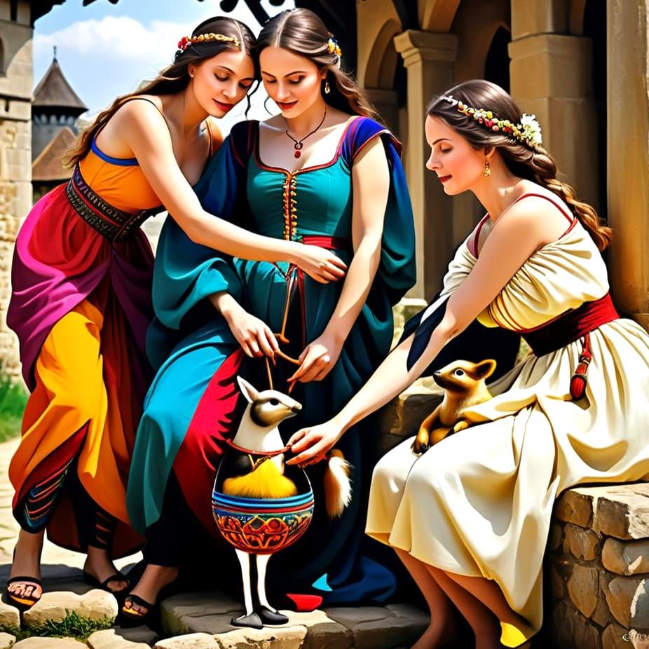 Medieval Lady with Animals in Gothic Manuscript Style