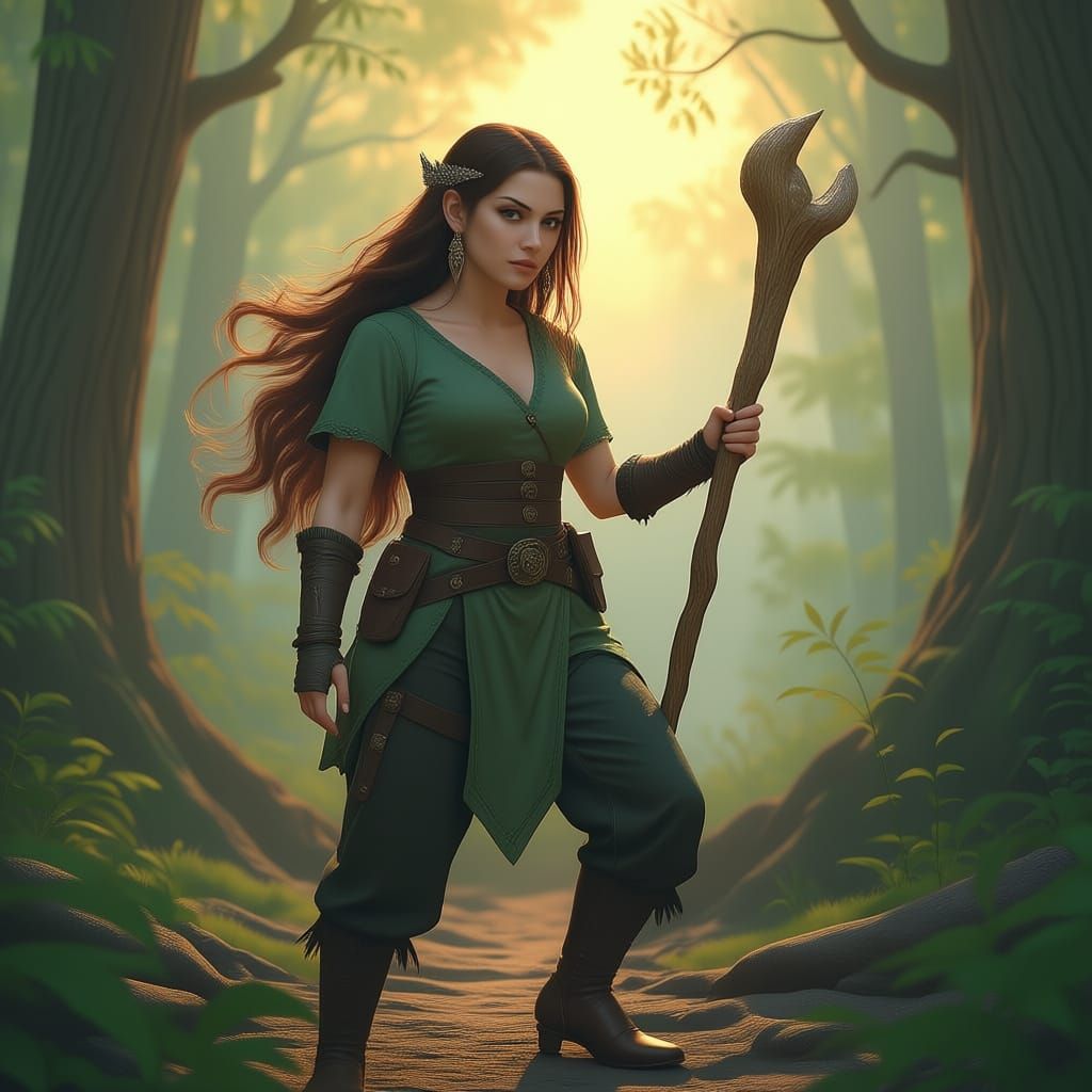 Female forest druid with pants and tunic staff with sharp canine features
