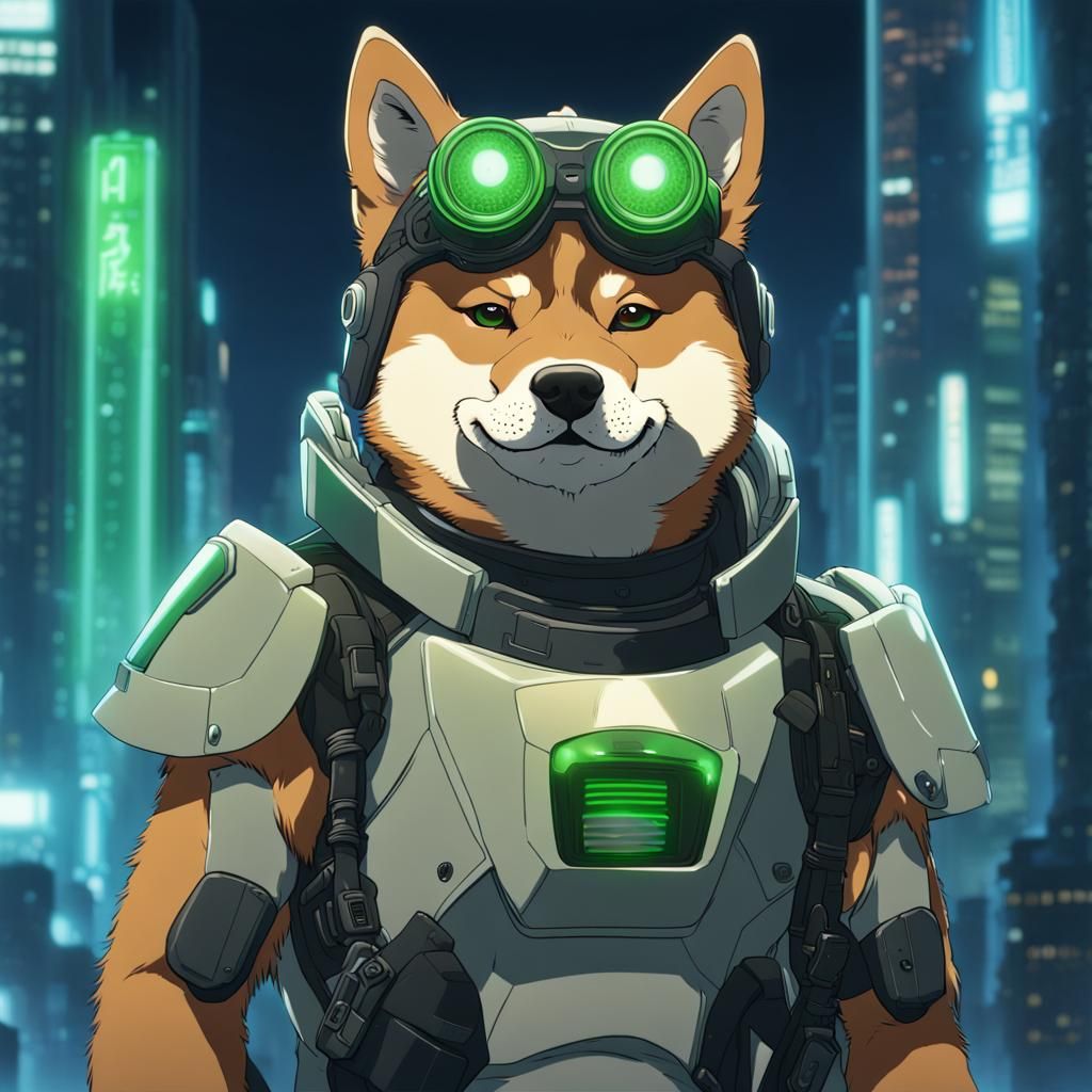 Shiba Inu wearing a futuristic armour with night vision gogl...