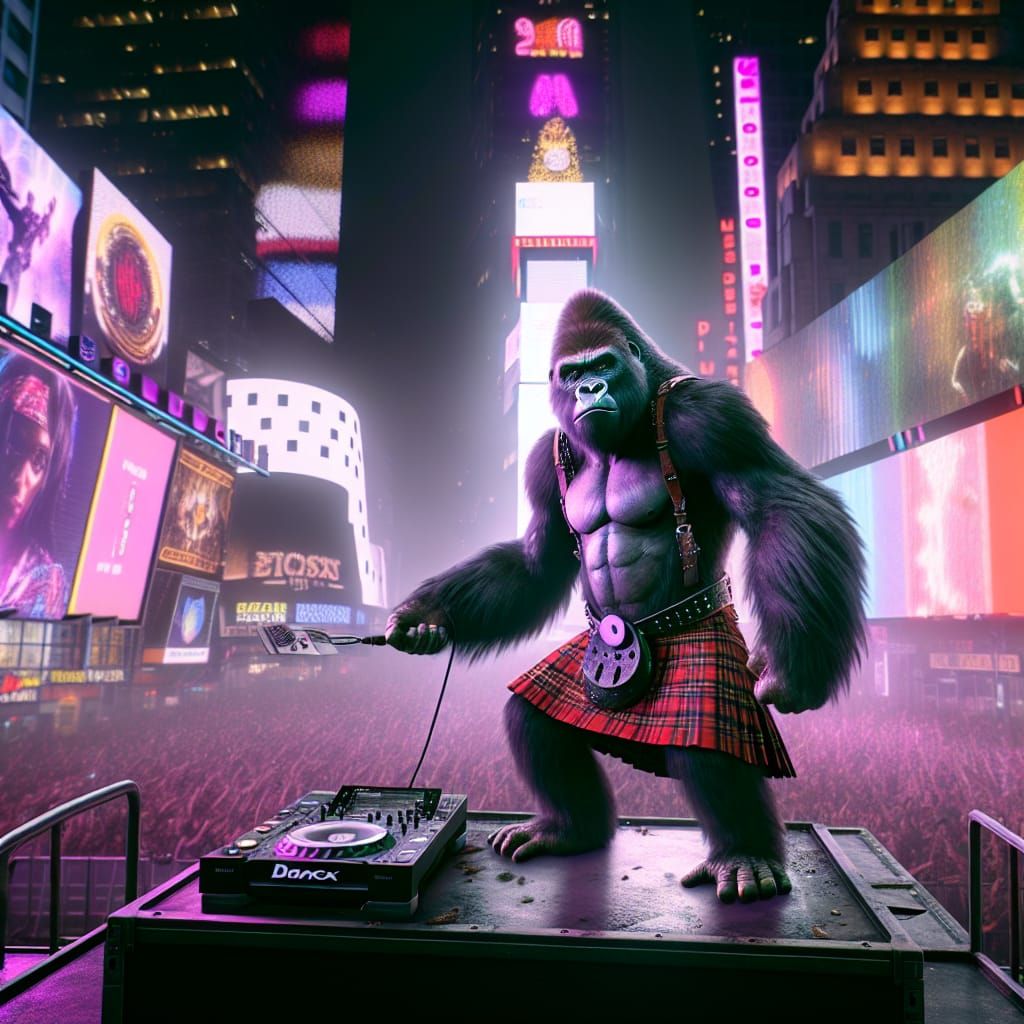 DJ Gorilla in a kilt at a rave in Times Square, New York