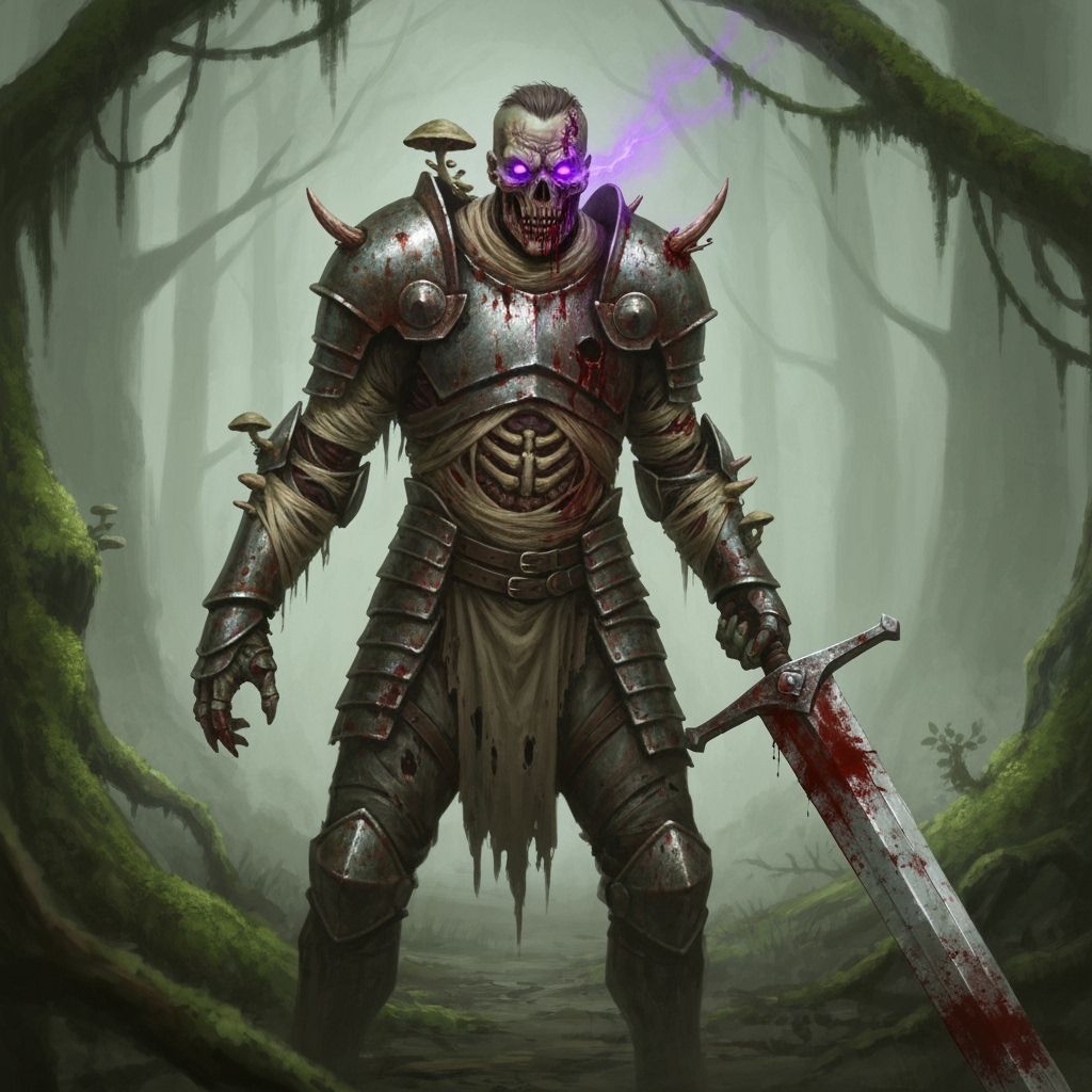"A zombie knight stands in a muddy forest, his worn plate armor covered in rust, mud, and fragments of rot. The armor is twisted, cracked, a...