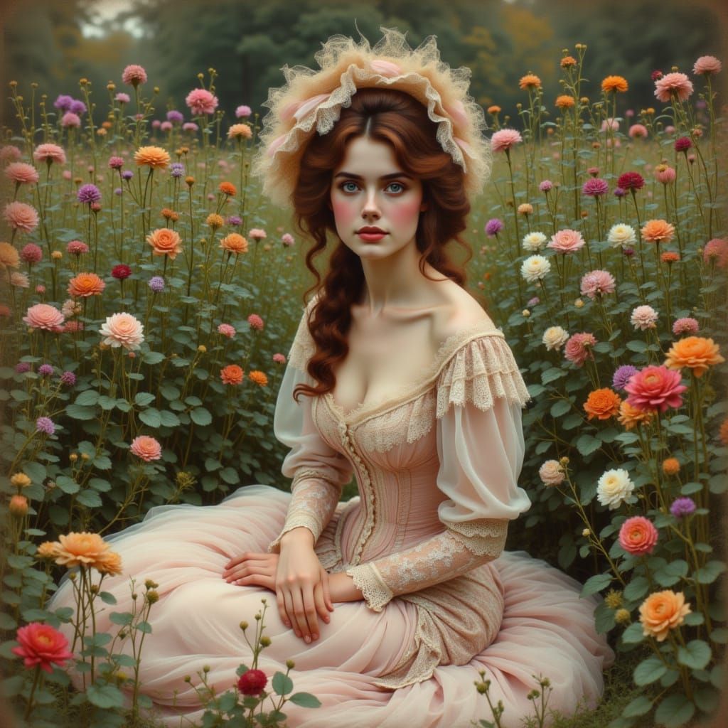 <lora:kak-VictorianMaiden:1.0>Gorgeous Victorian woman, sitting in a garden, intricate dress, wearing hat, colorful painted photo