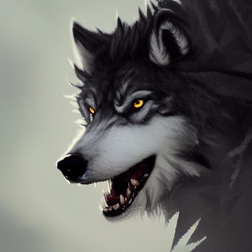 fluffy dark grey dire wolf with white patches standing in a grassy ...